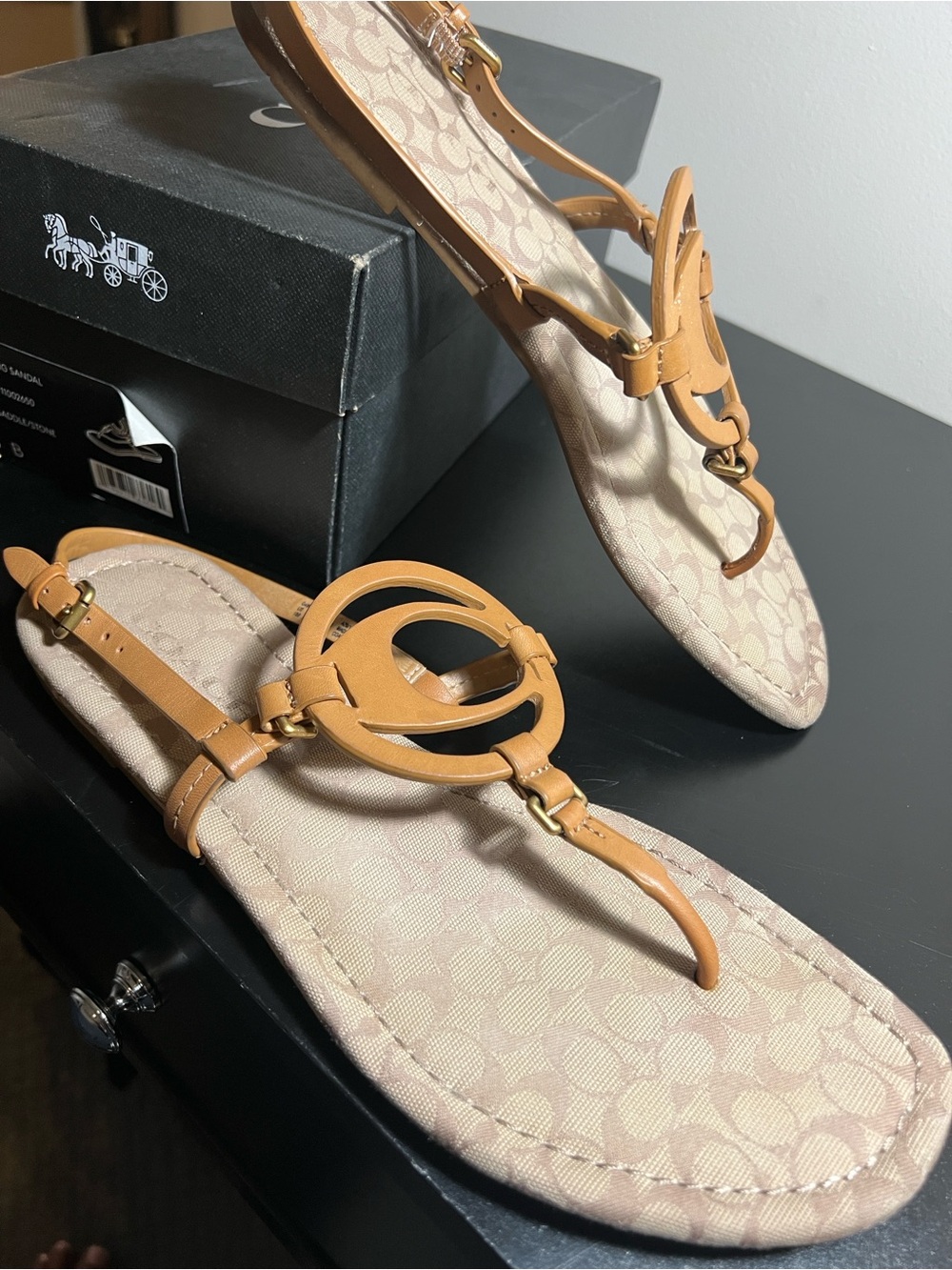 Coach Tan Signature Logo T-Strap Sandals